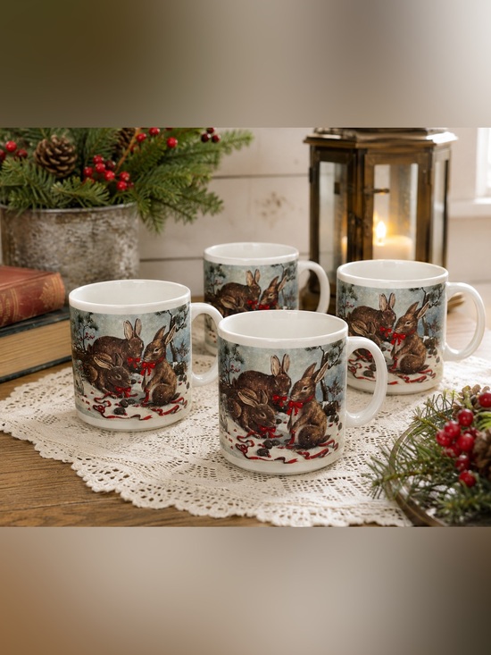 Other - Set of 4 Vintage Winter Rabbits Coffee Mugs Taiwan Christmas Bunny Cups 10 Oz